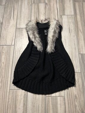 Open Sweater Vest Faux Fur Collar Black Wool Blend Large Boho Functional